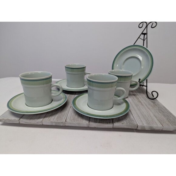Vintage Stoneware JCPenney Sea Green Tea Coffee Cups & Saucers Set Of 4 - Picture 1 of 8